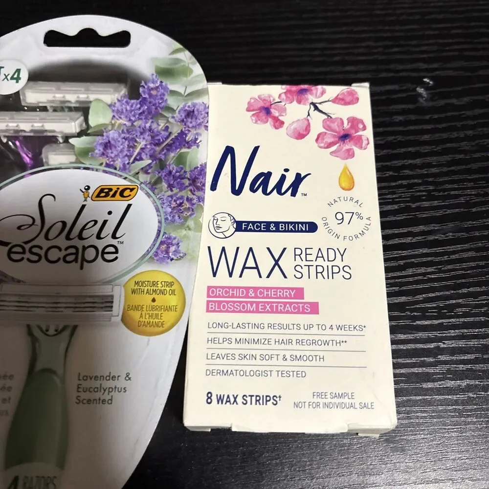 Nair Hair Remover Wax Ready Strips for Face & Bikini 8 Ct ORCHID CHERRY & Razors